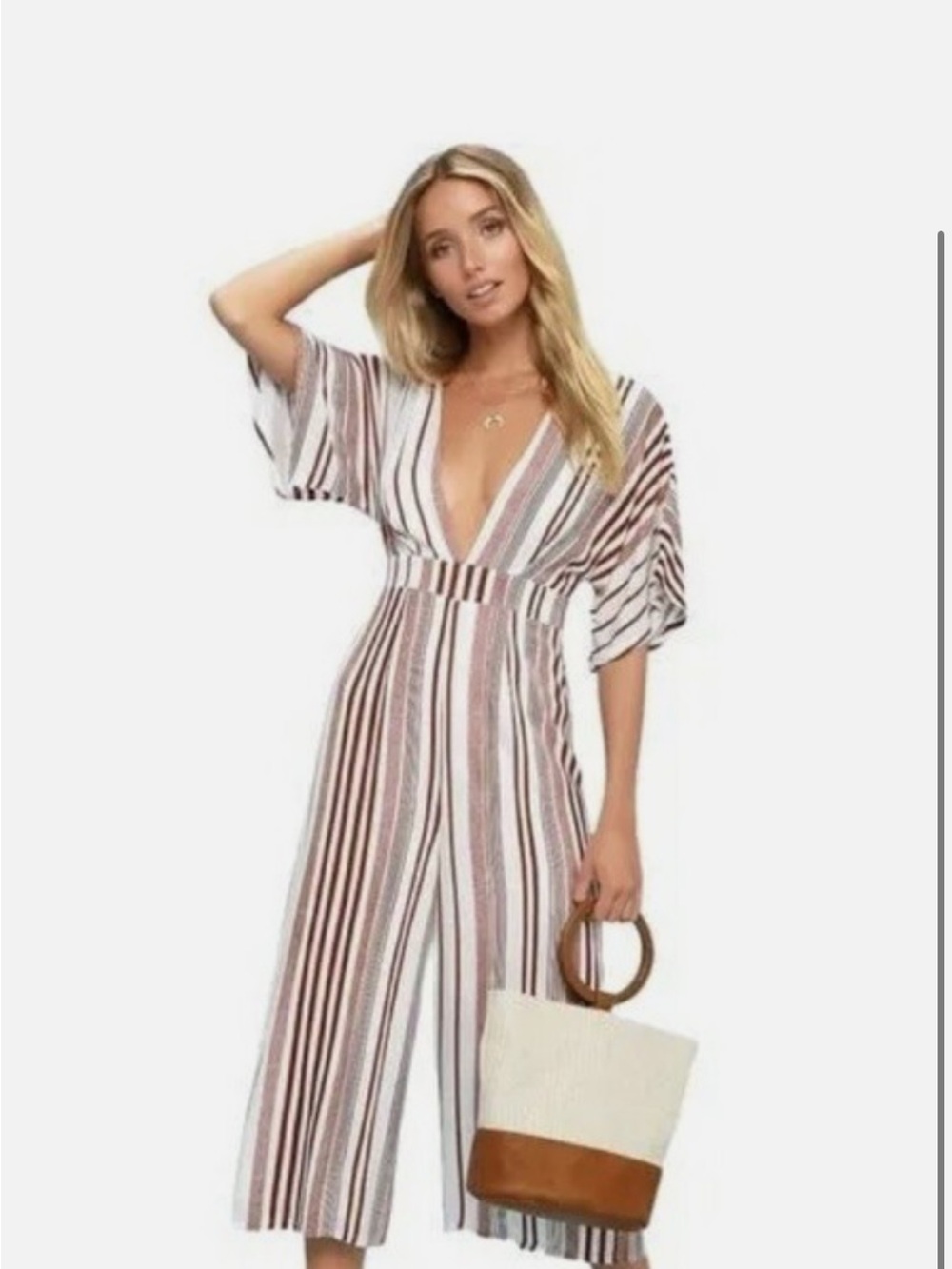 Lulu's Multi-Stripe V-Neck Jumpsuit in White, Brown & Mauve